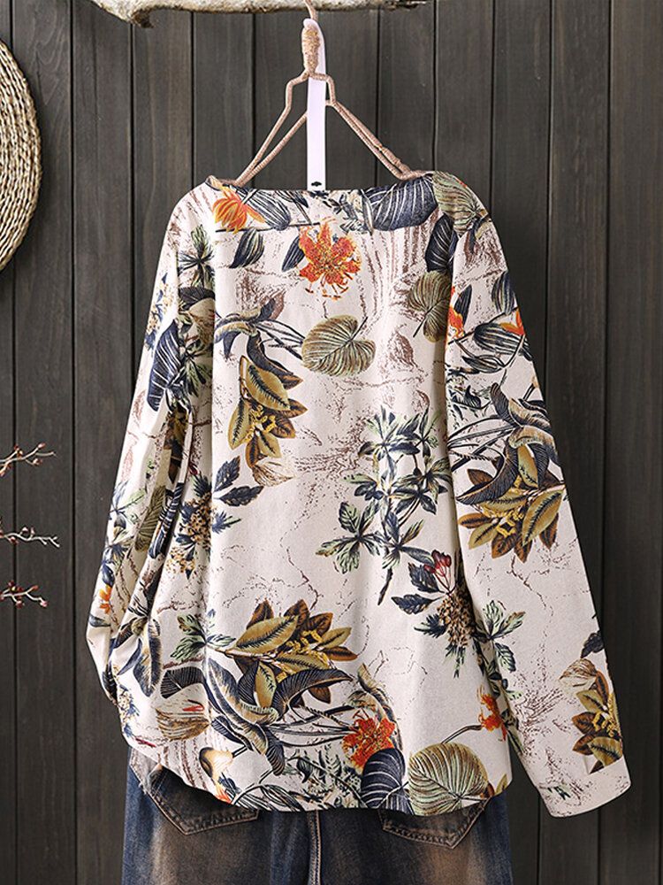 Blusas Vintage Holgadas De Manga Larga Con Cuello Redondo Y Estampado Floral De Planta De Algodón Para Mujer