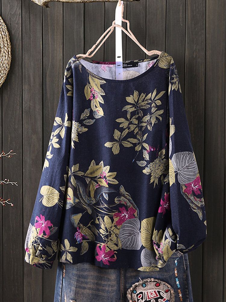 Blusas Vintage Holgadas De Manga Larga Con Cuello Redondo Y Estampado Floral De Planta De Algodón Para Mujer