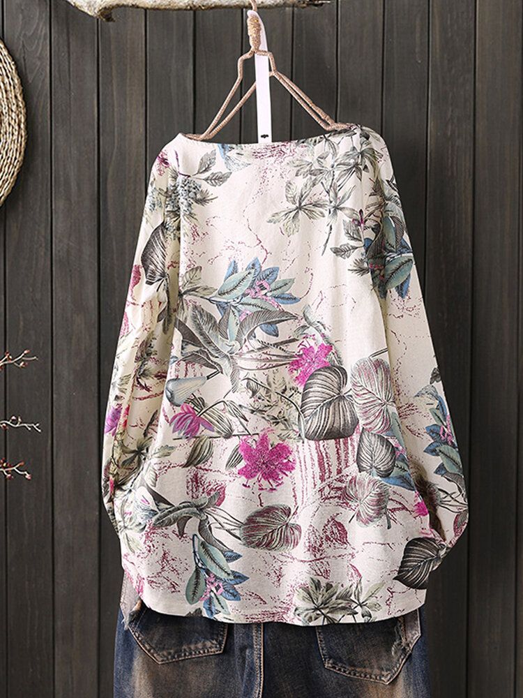 Blusas Vintage Holgadas De Manga Larga Con Cuello Redondo Y Estampado Floral De Planta De Algodón Para Mujer