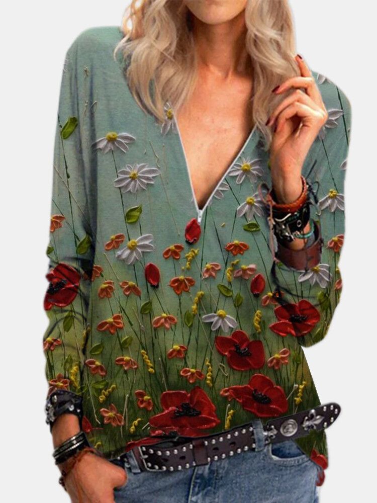 Blusas Vintage De Manga Larga Con Cuello En V Y Cremallera Con Estampado De Flores Para Mujer