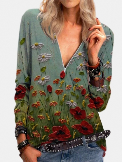 Blusas Vintage De Manga Larga Con Cuello En V Y Cremallera Con Estampado De Flores Para Mujer