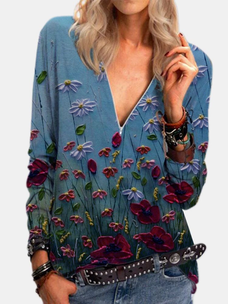 Blusas Vintage De Manga Larga Con Cuello En V Y Cremallera Con Estampado De Flores Para Mujer