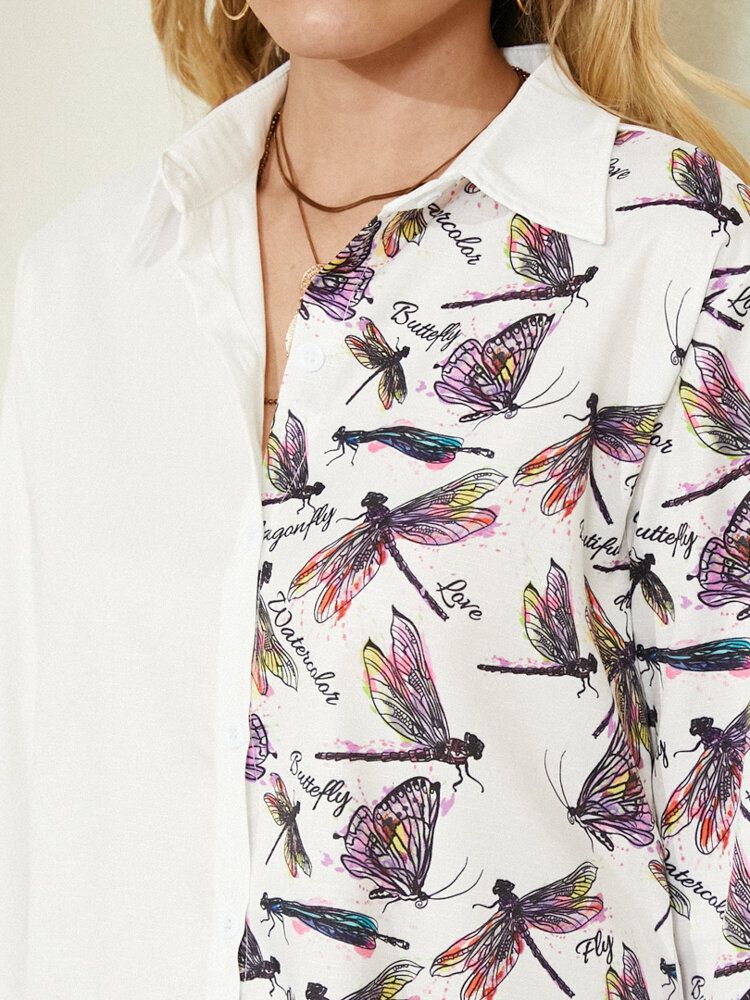 Camisa De Botones Blanca De Solapa De Manga Larga Con Estampado De Libélula Para Mujer