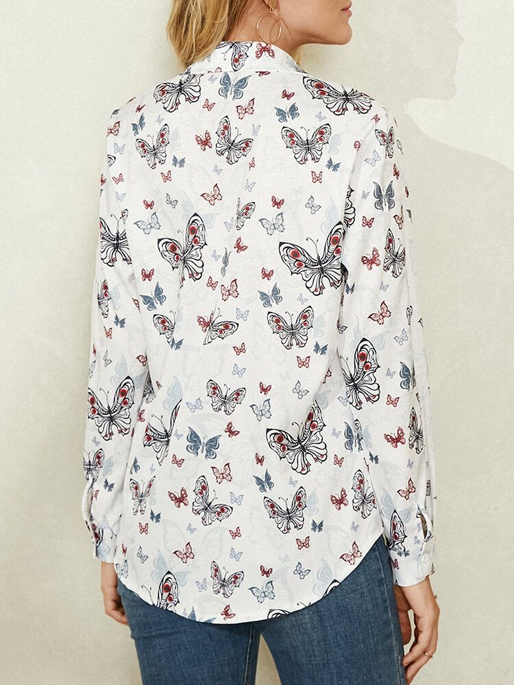 Camisa Casual Blanca Con Botones Y Estampado De Mariposas Para Mujer