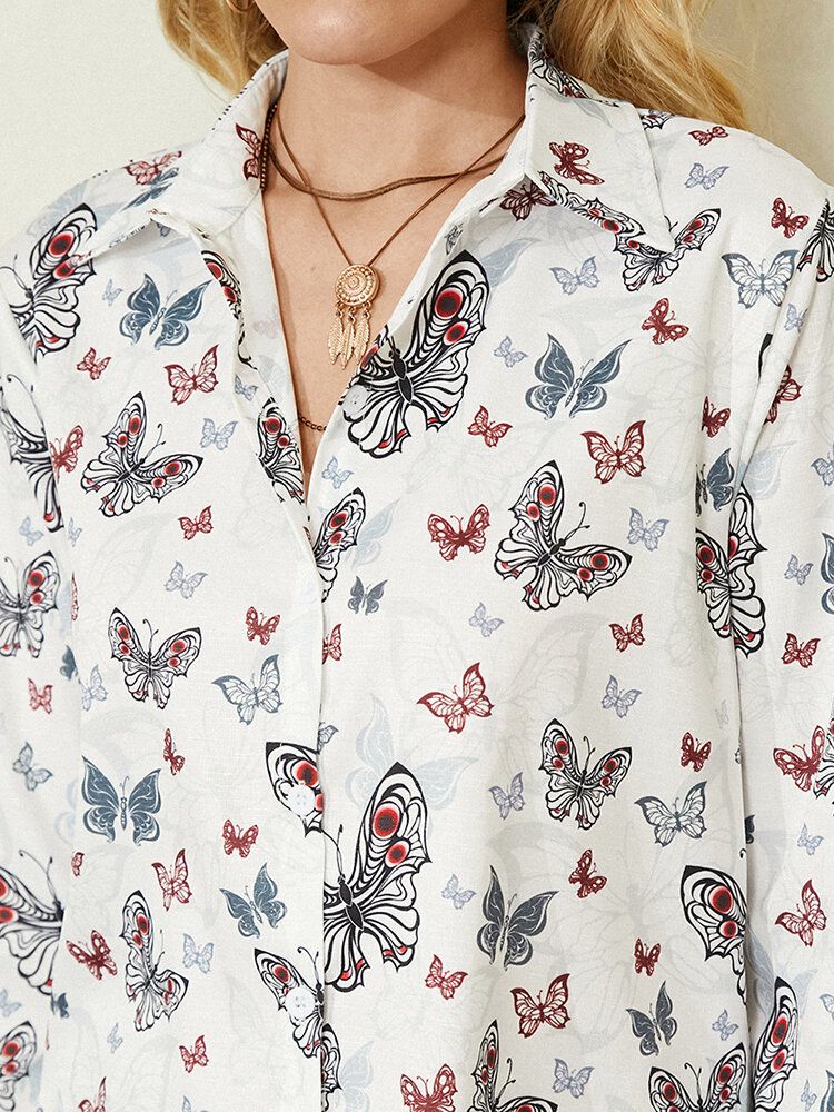 Camisa Casual Blanca Con Botones Y Estampado De Mariposas Para Mujer