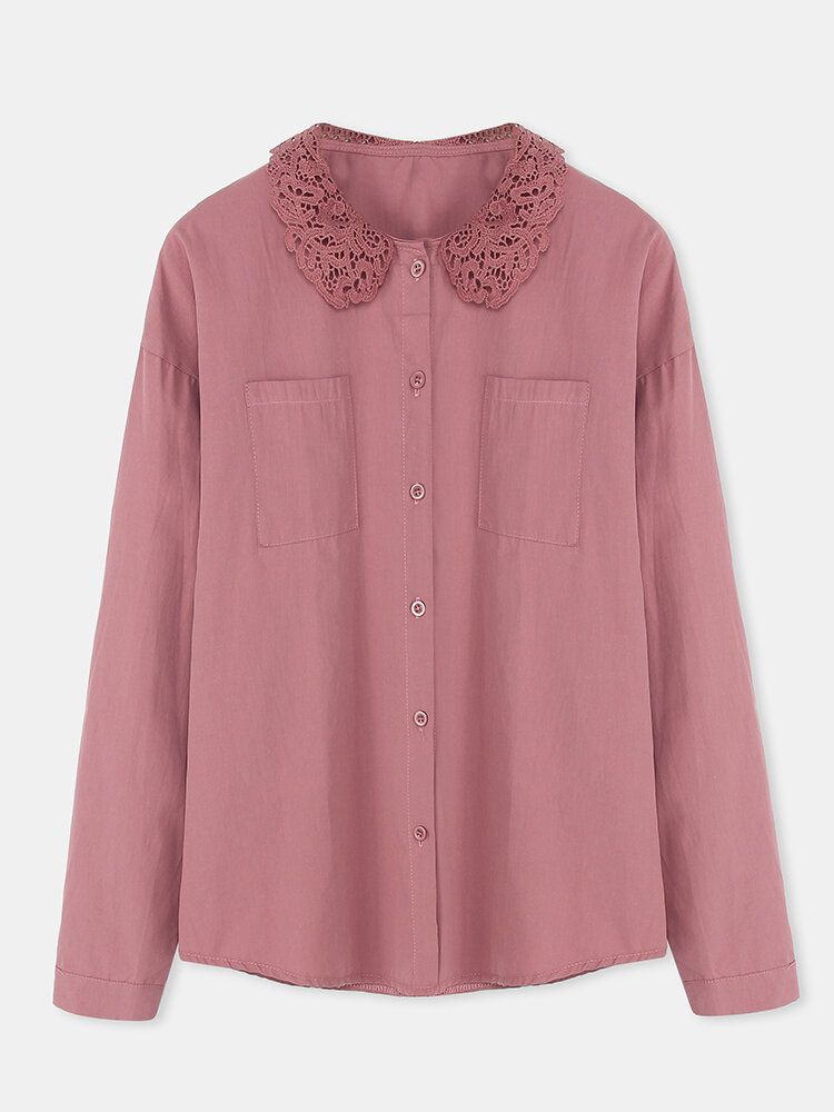 Camisa Casual Con Botones De Solapa Y Ribete De Encaje De Color Sólido Para Mujer Con Bolsillos