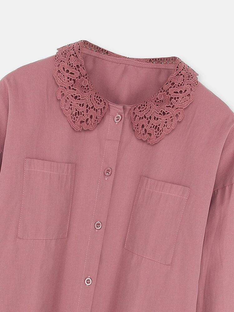 Camisa Casual Con Botones De Solapa Y Ribete De Encaje De Color Sólido Para Mujer Con Bolsillos