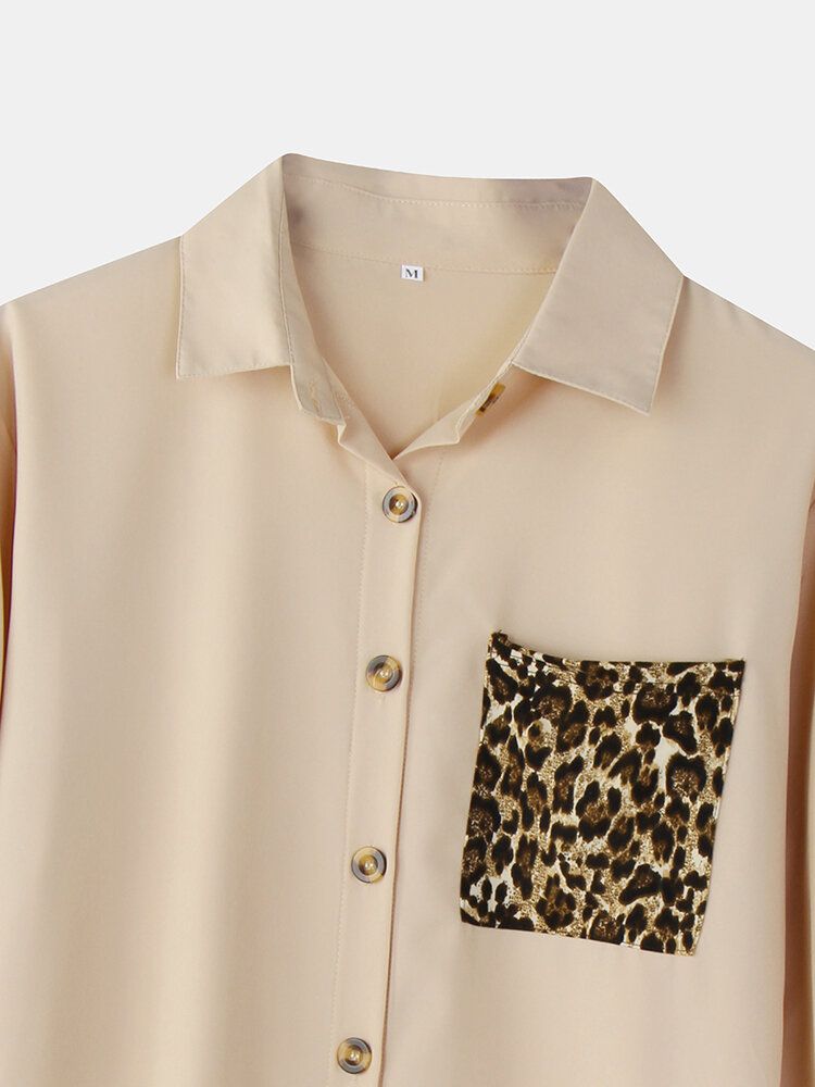 Camisa Casual De Manga Larga Con Bolsillo De Parche De Leopardo Para Mujer