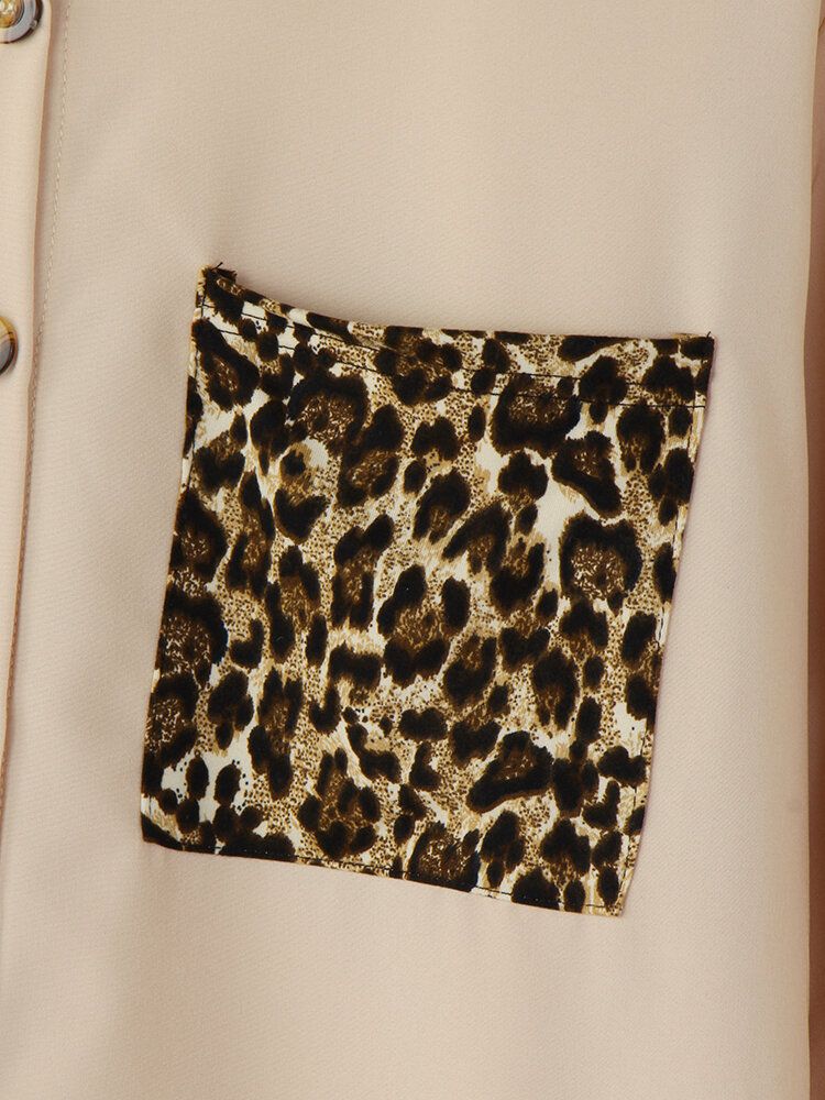 Camisa Casual De Manga Larga Con Bolsillo De Parche De Leopardo Para Mujer