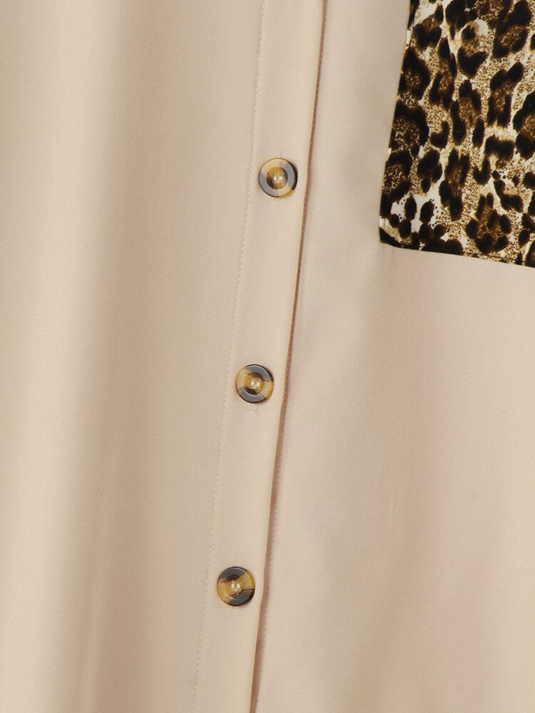 Camisa Casual De Manga Larga Con Bolsillo De Parche De Leopardo Para Mujer