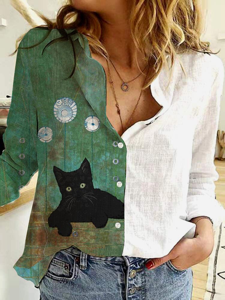 Camisa Casual De Manga Larga Con Botones De Solapa Con Estampado De Gato De Dibujos Animados Para Mujer