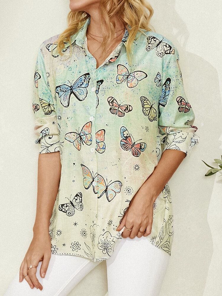 Camisa Casual De Manga Larga Con Cuello De Solapa Y Estampado De Mariposas Para Mujer