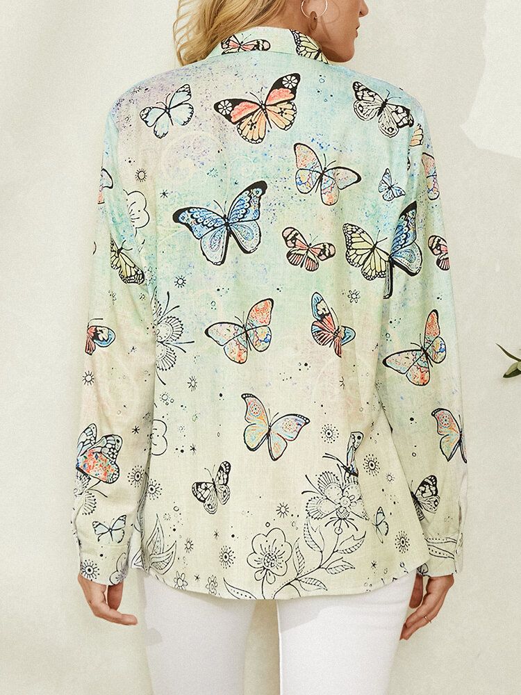 Camisa Casual De Manga Larga Con Cuello De Solapa Y Estampado De Mariposas Para Mujer