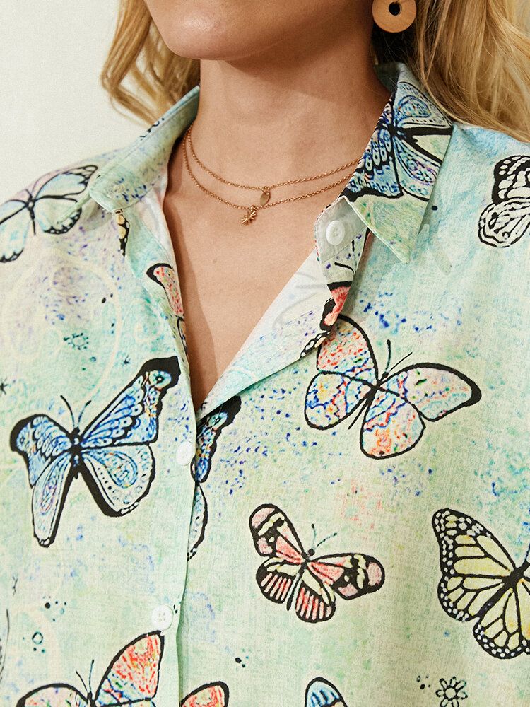 Camisa Casual De Manga Larga Con Cuello De Solapa Y Estampado De Mariposas Para Mujer