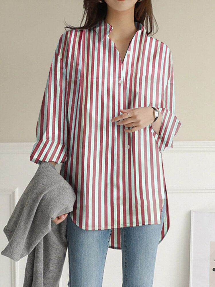 Camisa Casual De Manga Larga Con Dobladillo Irregular Dividido Con Estampado De Rayas Verticales Y Bolsillo Para Mujer