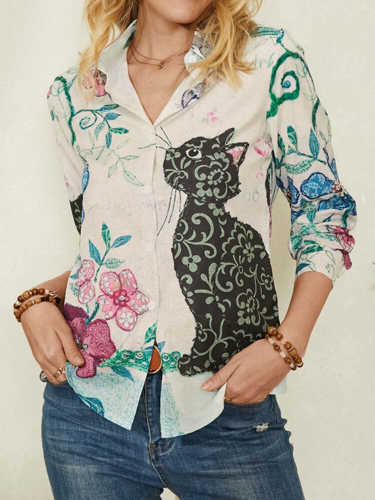 Camisa Casual De Solapa De Manga Larga Con Estampado De Gato Lindo Para Mujer