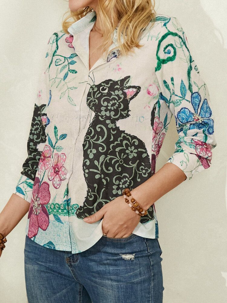 Camisa Casual De Solapa De Manga Larga Con Estampado De Gato Lindo Para Mujer