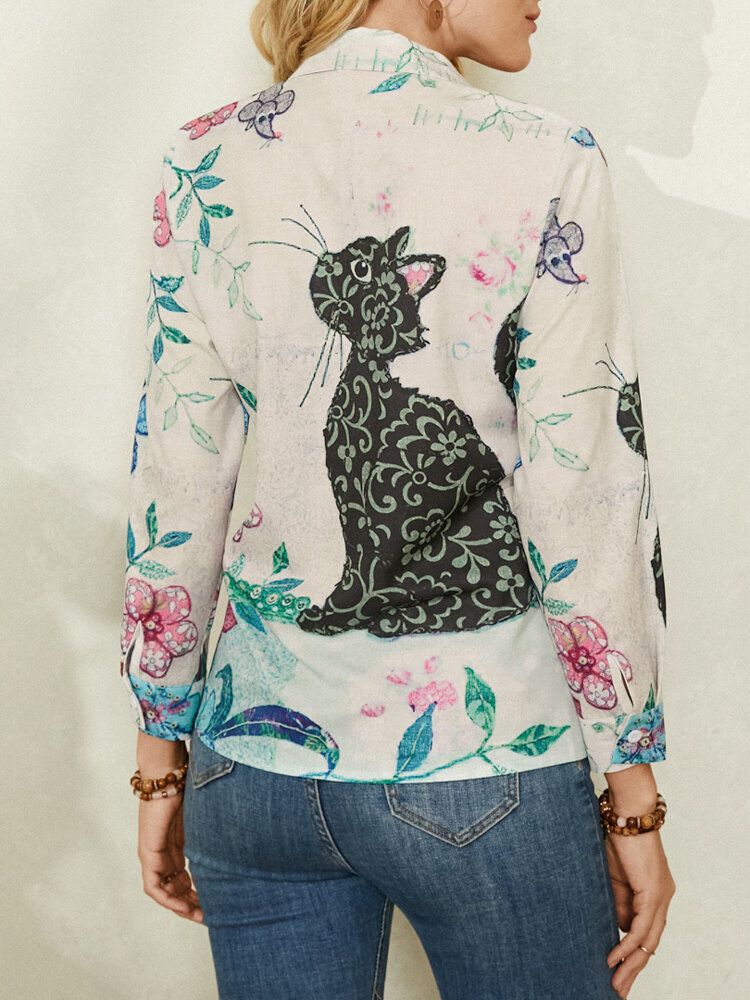 Camisa Casual De Solapa De Manga Larga Con Estampado De Gato Lindo Para Mujer