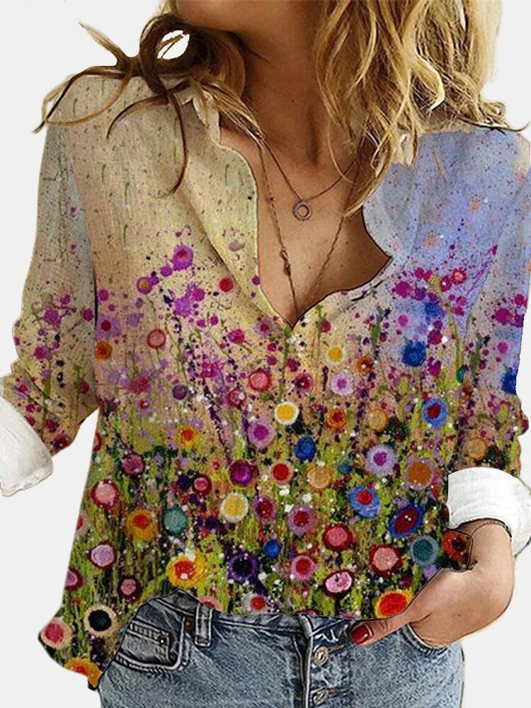 Camisa Con Botones Casuales De Solapa De Manga Larga Con Estampado Floral Para Mujer