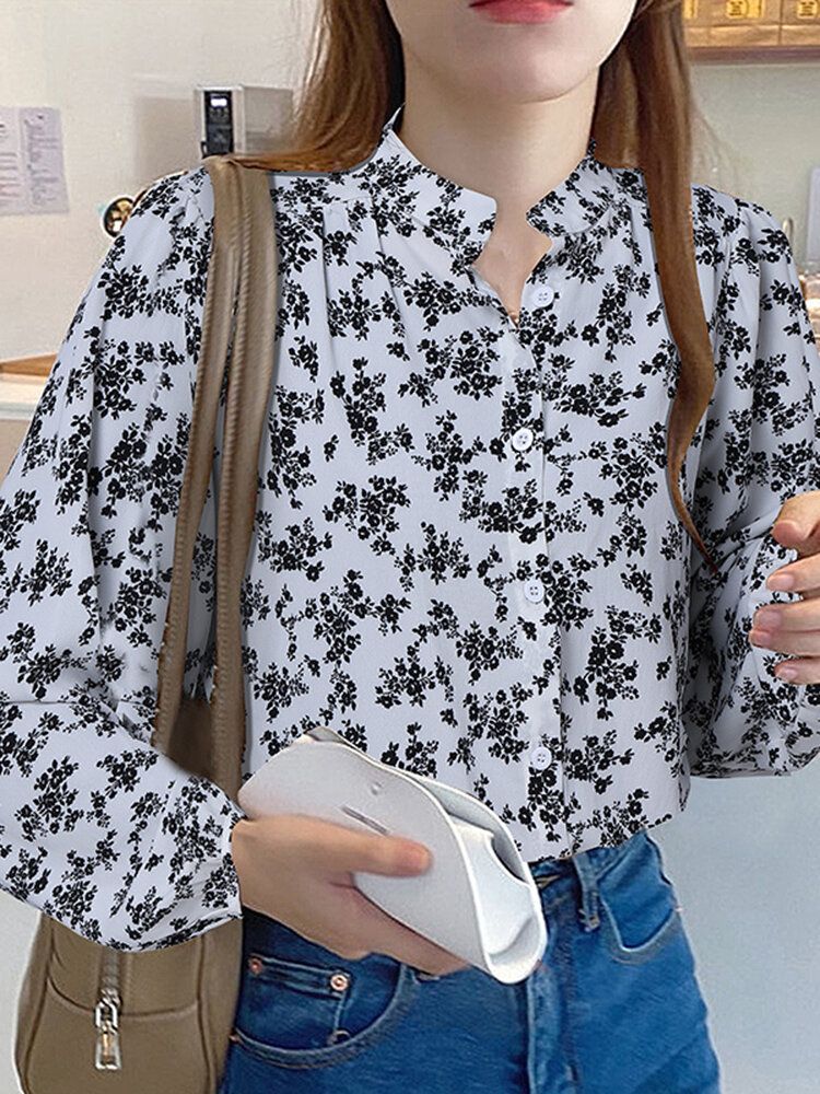 Camisa Con Botones Con Cuello En O Y Estampado Floral Con Mangas Abullonadas Blusa Informal Diaria Para Mujer