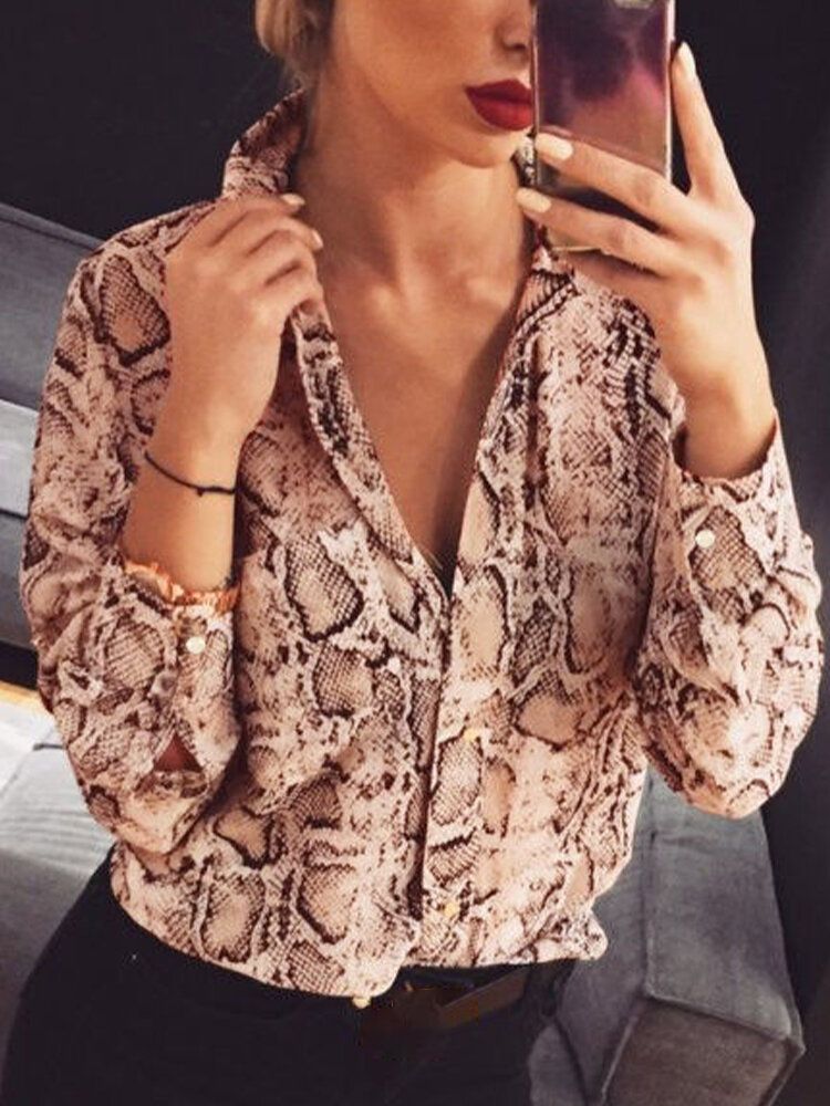 Camisa Con Botones De Manga Larga Estampada Con Serpiente Cobra Para Mujer Blusa Con Botones Con Estilo