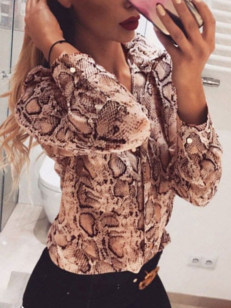 Camisa Con Botones De Manga Larga Estampada Con Serpiente Cobra Para Mujer Blusa Con Botones Con Estilo