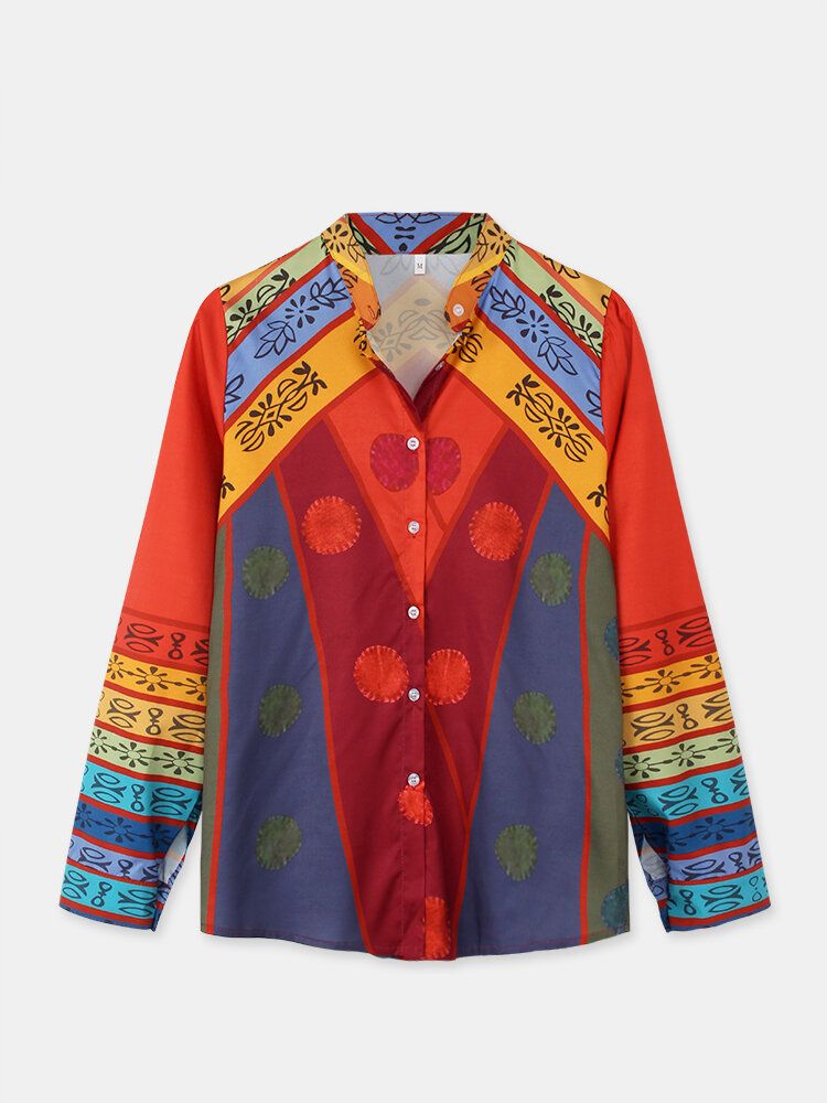 Camisa Con Botones De Manga Larga Y Cuello Alto Con Estampado De Bloques De Color Vintage Para Mujer