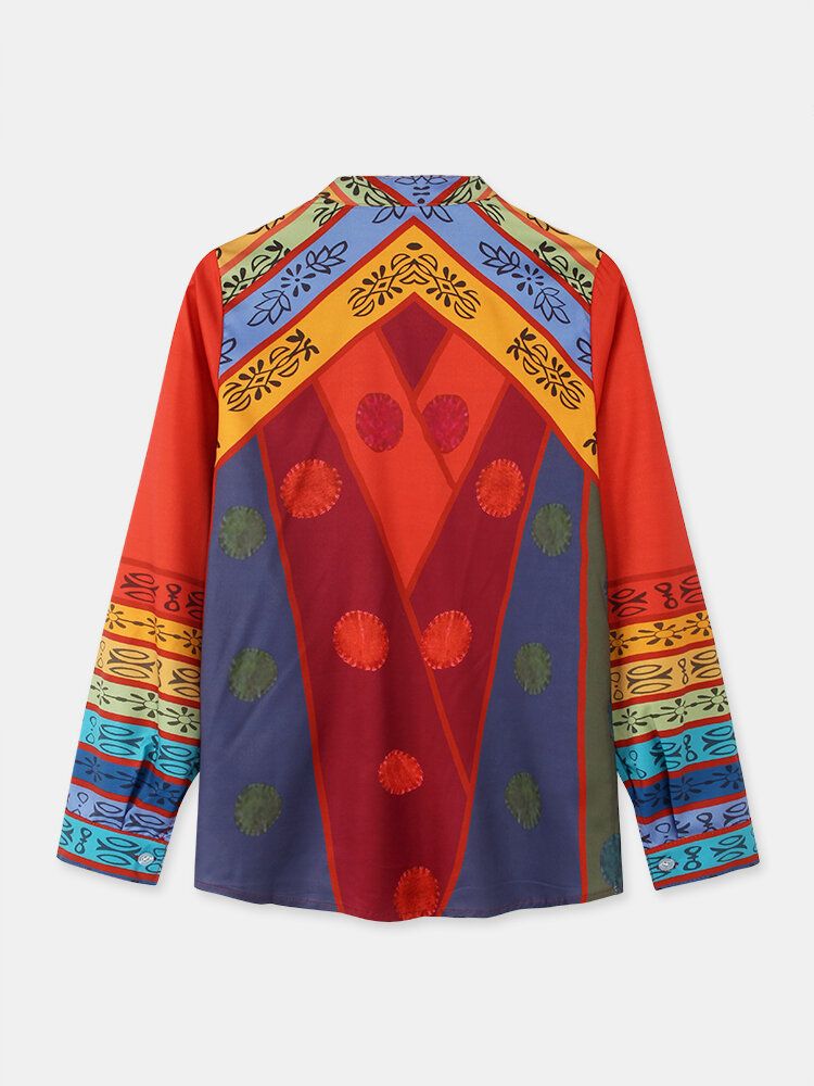 Camisa Con Botones De Manga Larga Y Cuello Alto Con Estampado De Bloques De Color Vintage Para Mujer