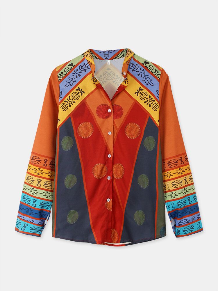 Camisa Con Botones De Manga Larga Y Cuello Alto Con Estampado De Bloques De Color Vintage Para Mujer