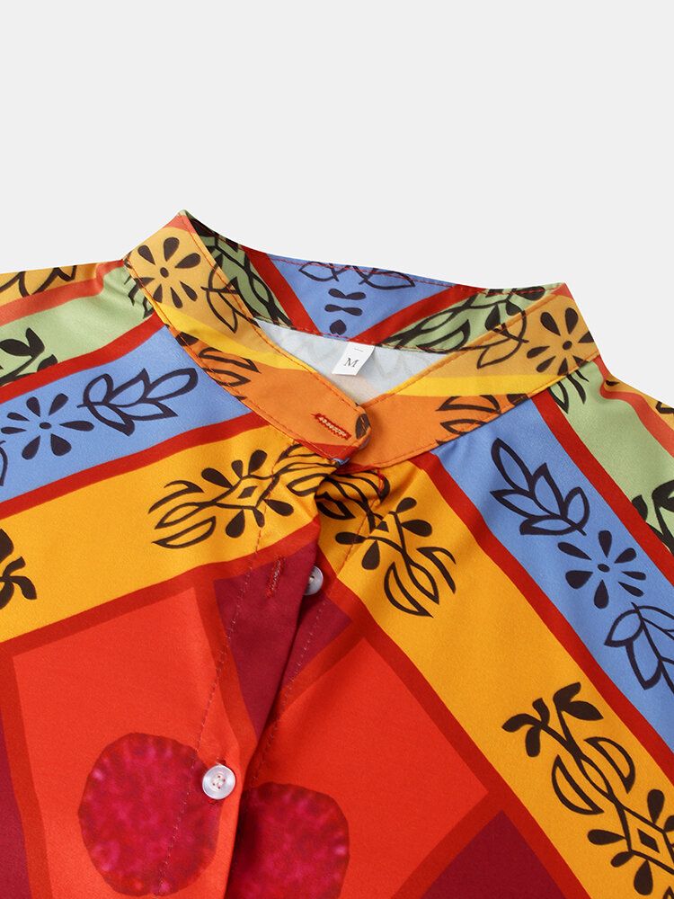 Camisa Con Botones De Manga Larga Y Cuello Alto Con Estampado De Bloques De Color Vintage Para Mujer