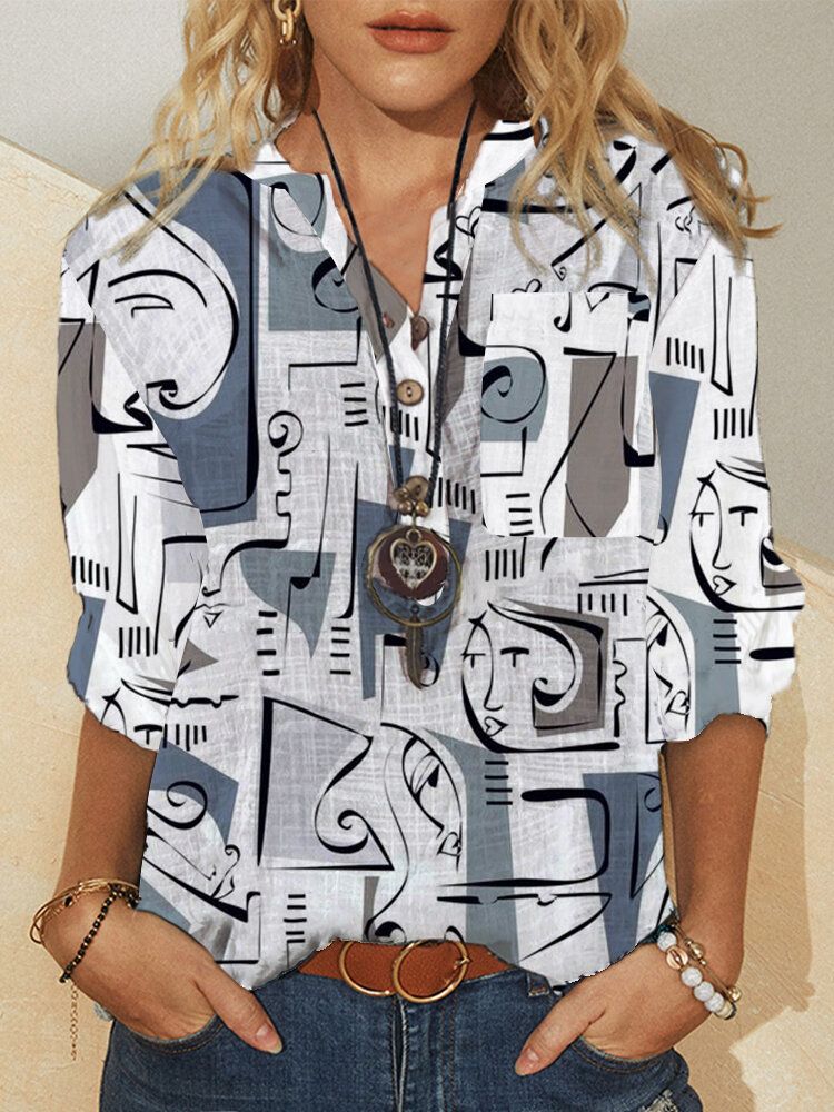 Camisa De Manga Larga Con Cuello En V Y Estampado Abstracto De Graffiti Para Mujer