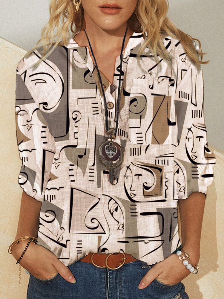 Camisa De Manga Larga Con Cuello En V Y Estampado Abstracto De Graffiti Para Mujer