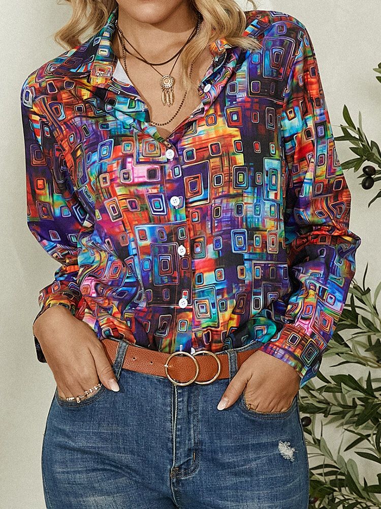 Camisa De Manga Larga Con Solapa Y Botones Estampados Geométricos Coloridos Para Mujer