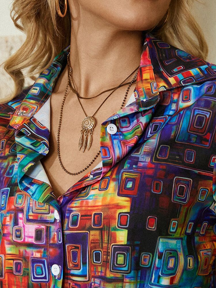 Camisa De Manga Larga Con Solapa Y Botones Estampados Geométricos Coloridos Para Mujer