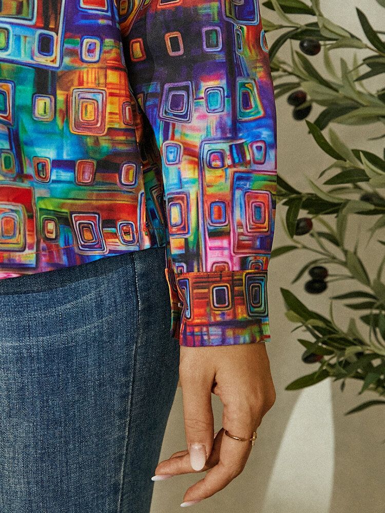 Camisa De Manga Larga Con Solapa Y Botones Estampados Geométricos Coloridos Para Mujer