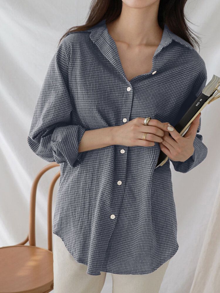 Camisa De Manga Larga Informal Con Dobladillo Curvo Con Solapa Y Botones A Cuadros Para Mujer