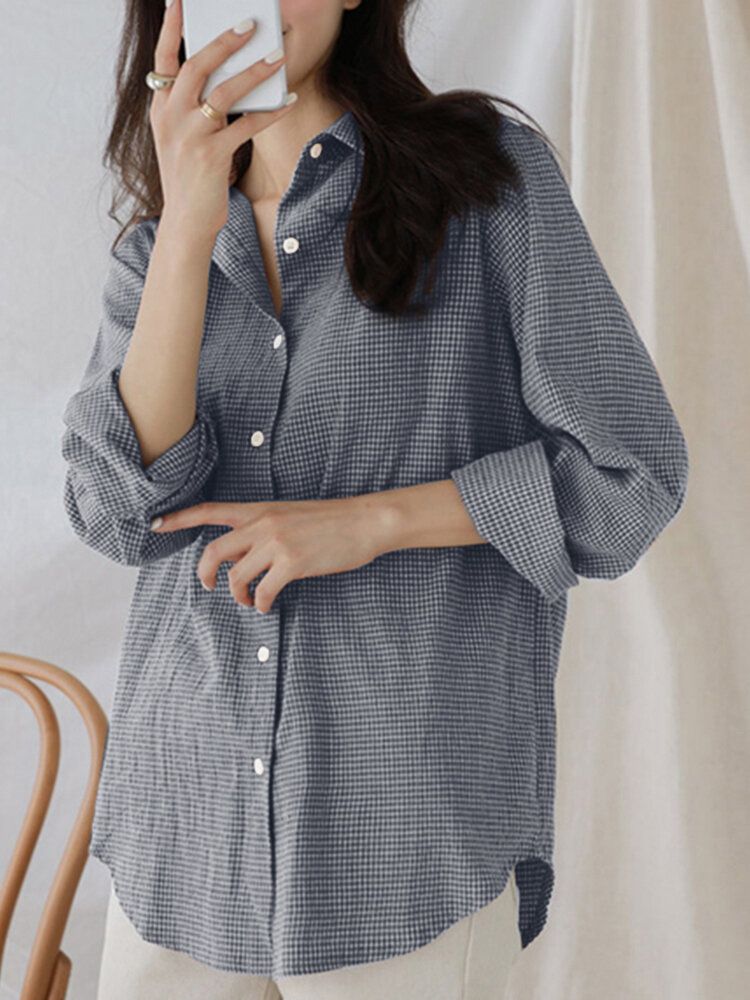 Camisa De Manga Larga Informal Con Dobladillo Curvo Con Solapa Y Botones A Cuadros Para Mujer