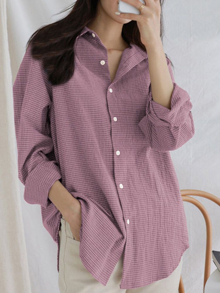 Camisa De Manga Larga Informal Con Dobladillo Curvo Con Solapa Y Botones A Cuadros Para Mujer