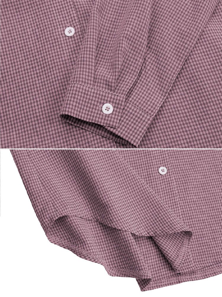 Camisa De Manga Larga Informal Con Dobladillo Curvo Con Solapa Y Botones A Cuadros Para Mujer