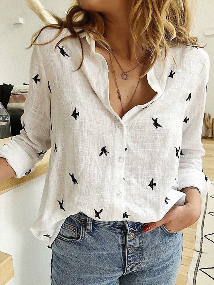 Camisa De Manga Larga De Lino De Algodón Con Estampado De Pájaros Para Mujer Casual Diaria Blusa De Conmutación