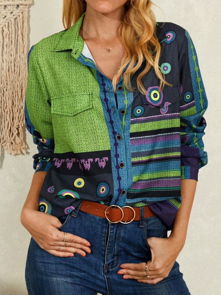 Camisa De Manga Larga De Solapa Con Estilo Vintage De Patchwork De Patrón Mixto Para Mujer