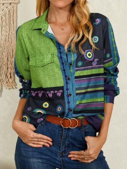 Camisa De Manga Larga De Solapa Con Estilo Vintage De Patchwork De Patrón Mixto Para Mujer