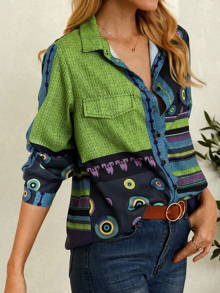 Camisa De Manga Larga De Solapa Con Estilo Vintage De Patchwork De Patrón Mixto Para Mujer