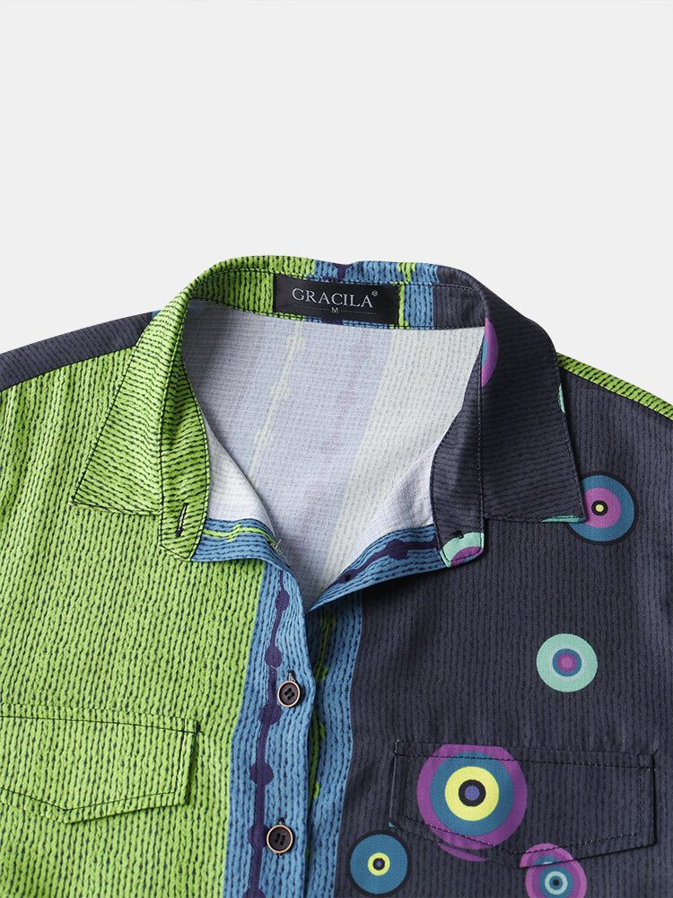 Camisa De Manga Larga De Solapa Con Estilo Vintage De Patchwork De Patrón Mixto Para Mujer