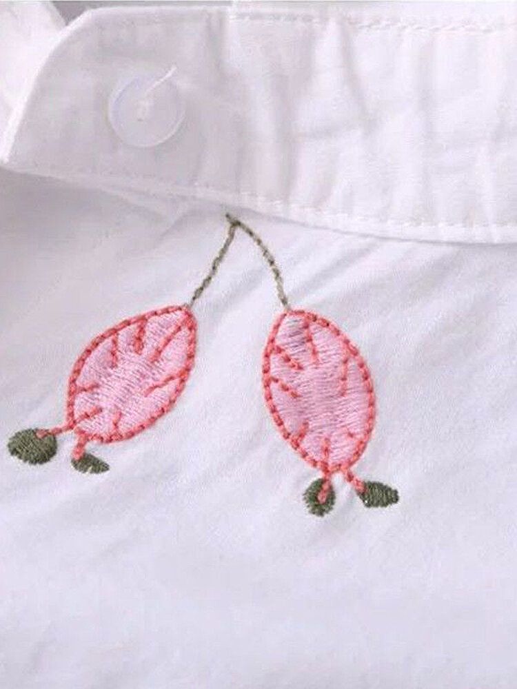 Camisas Blancas De Cuello De Solapa De Manga Larga Con Bordado Floral Para Mujer Con Bolsillo