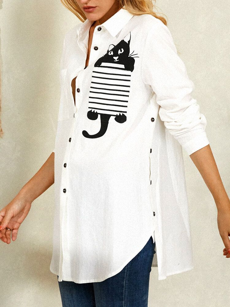 Camisas Blancas Informales Divididas Con Botones Laterales Con Estampado De Gato De Dibujos Animados A Rayas Para Mujer