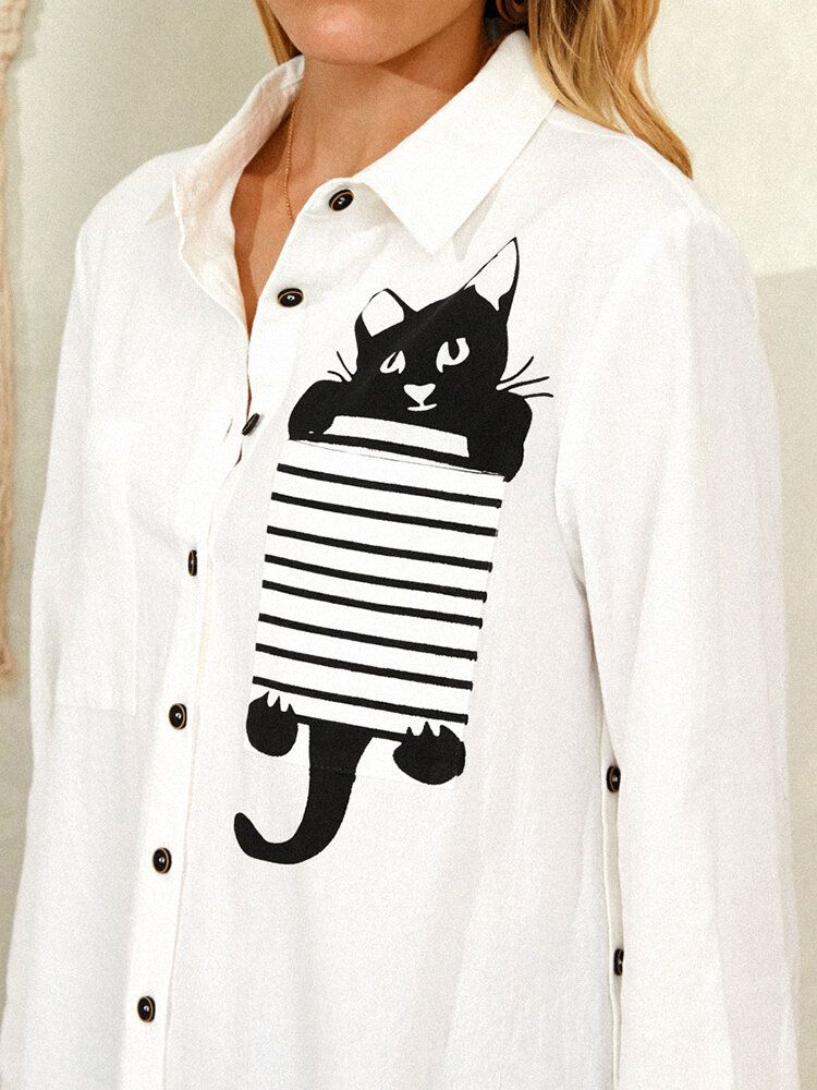 Camisas Blancas Informales Divididas Con Botones Laterales Con Estampado De Gato De Dibujos Animados A Rayas Para Mujer