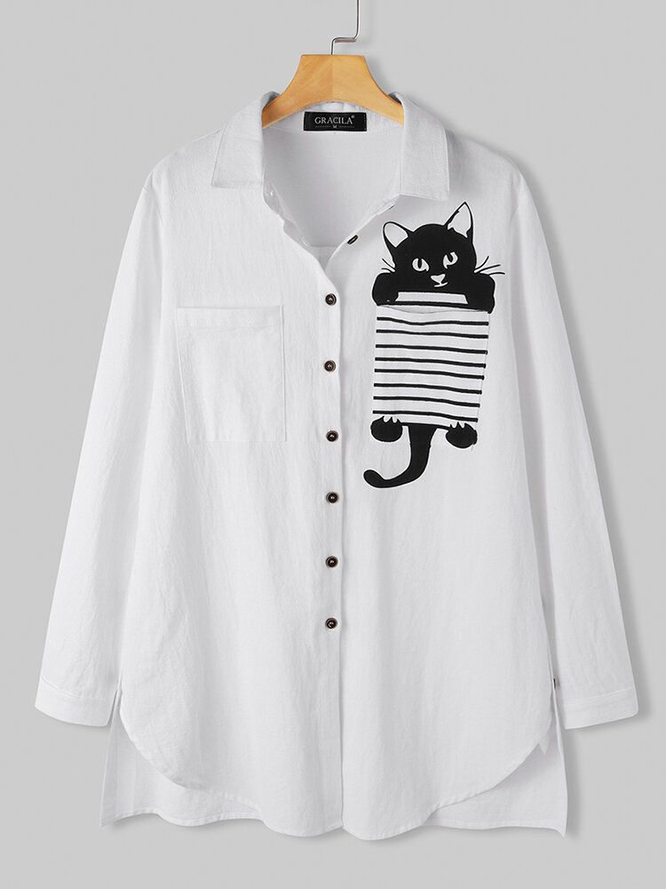 Camisas Blancas Informales Divididas Con Botones Laterales Con Estampado De Gato De Dibujos Animados A Rayas Para Mujer