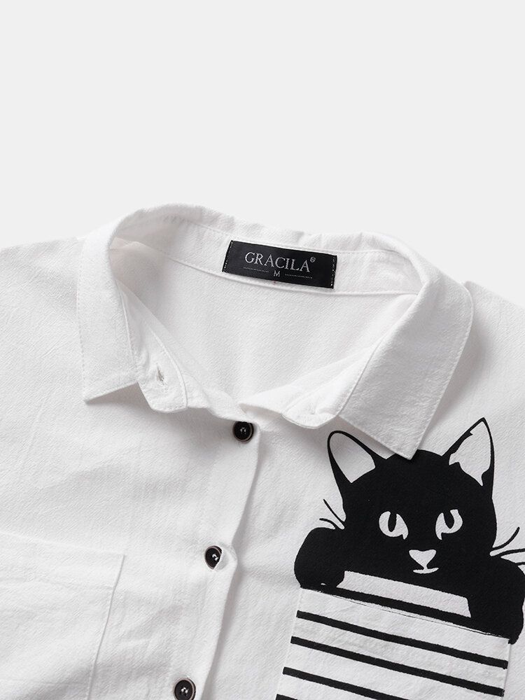 Camisas Blancas Informales Divididas Con Botones Laterales Con Estampado De Gato De Dibujos Animados A Rayas Para Mujer