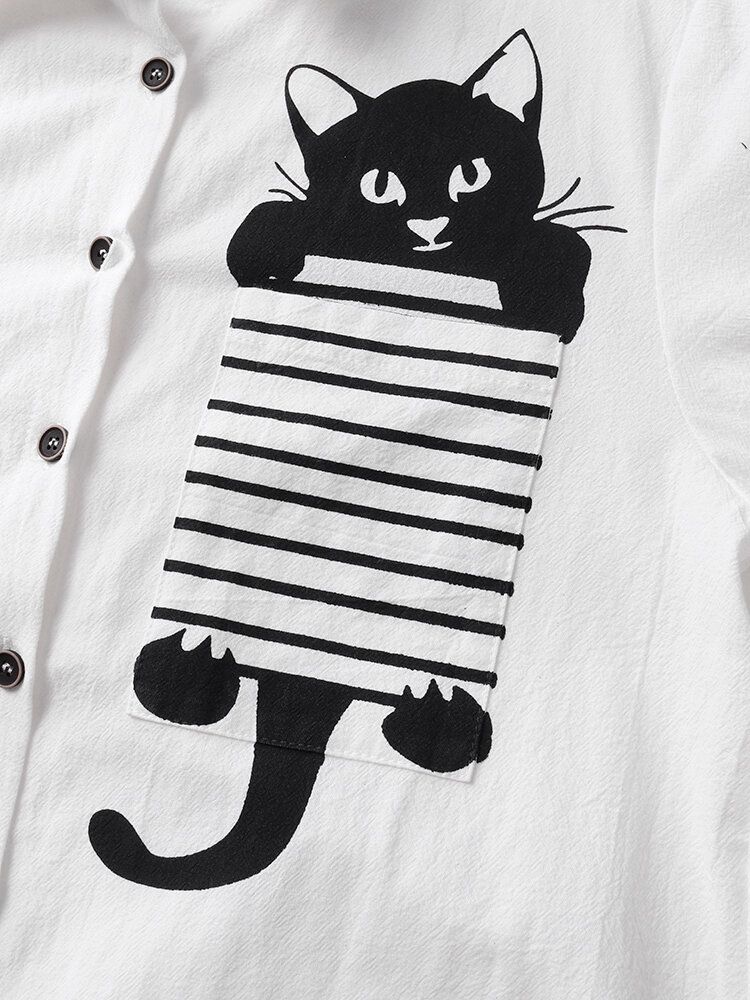 Camisas Blancas Informales Divididas Con Botones Laterales Con Estampado De Gato De Dibujos Animados A Rayas Para Mujer